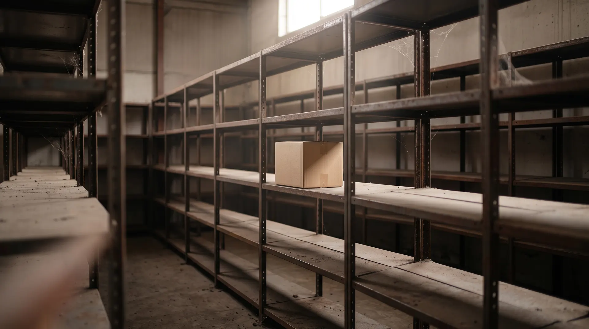 Empty storeroom shelves with a single remaining box in a beam of daylight