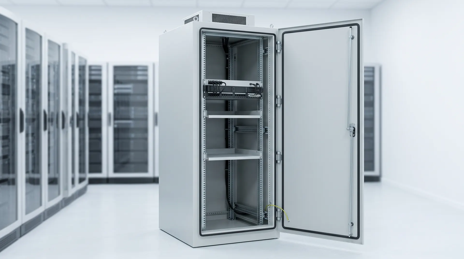 An open grey equipment cabinet in a bright white room