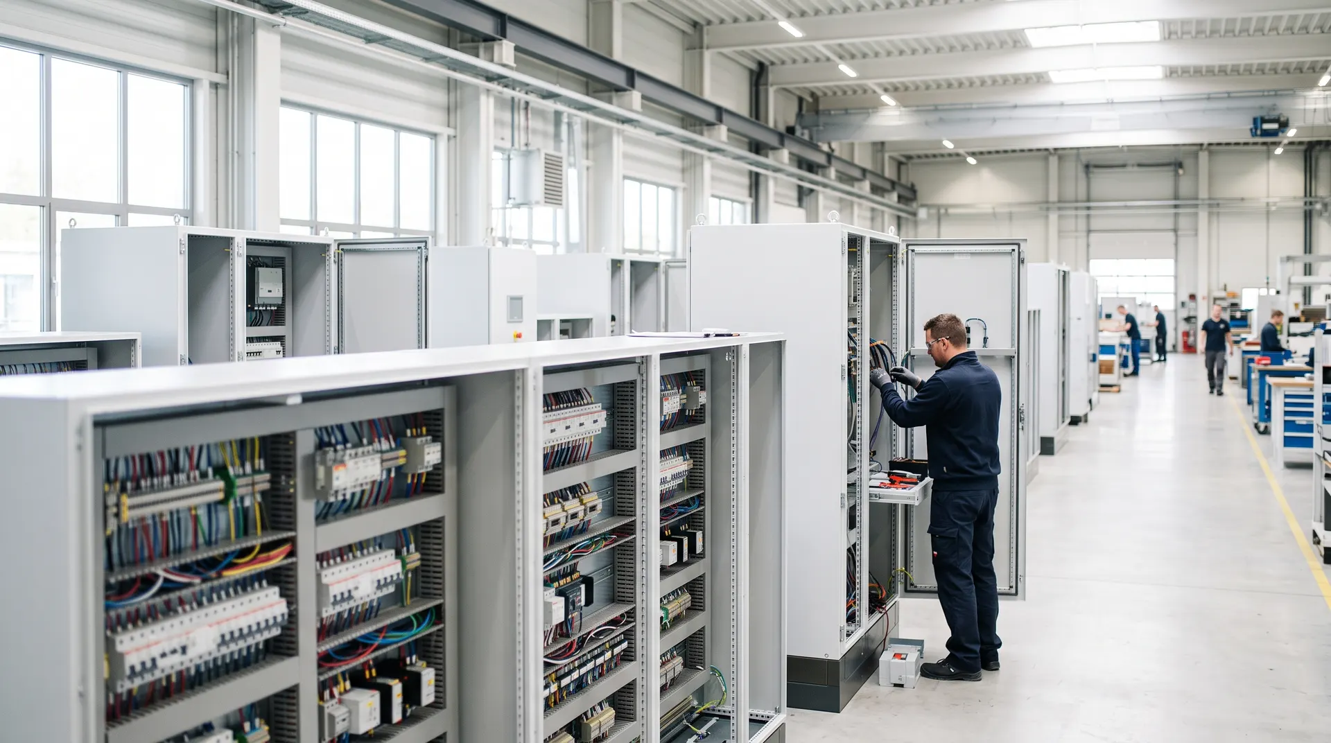 Rows of electrical switchgear cabinets in a bright factory hall