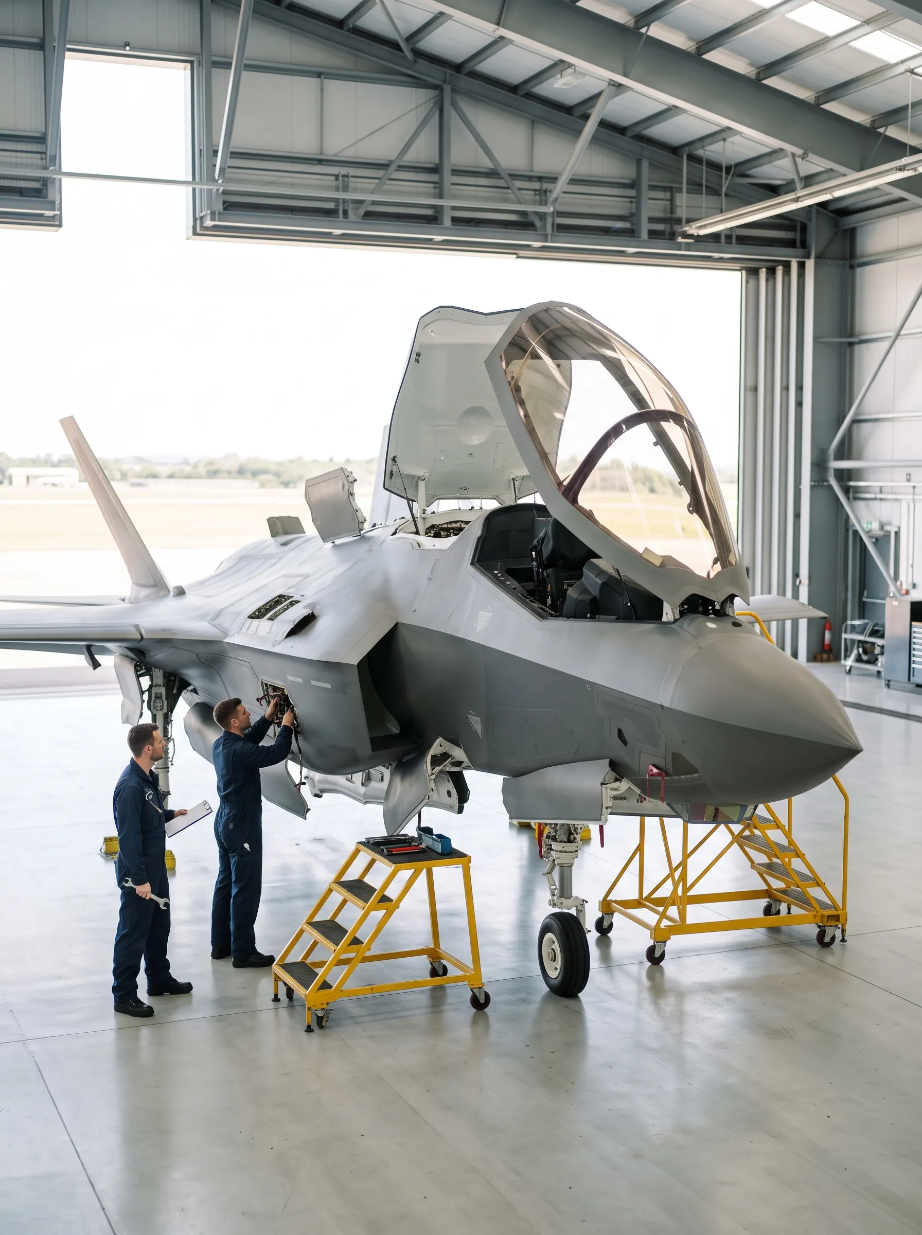 A grey fighter jet under maintenance in a bright hangar
