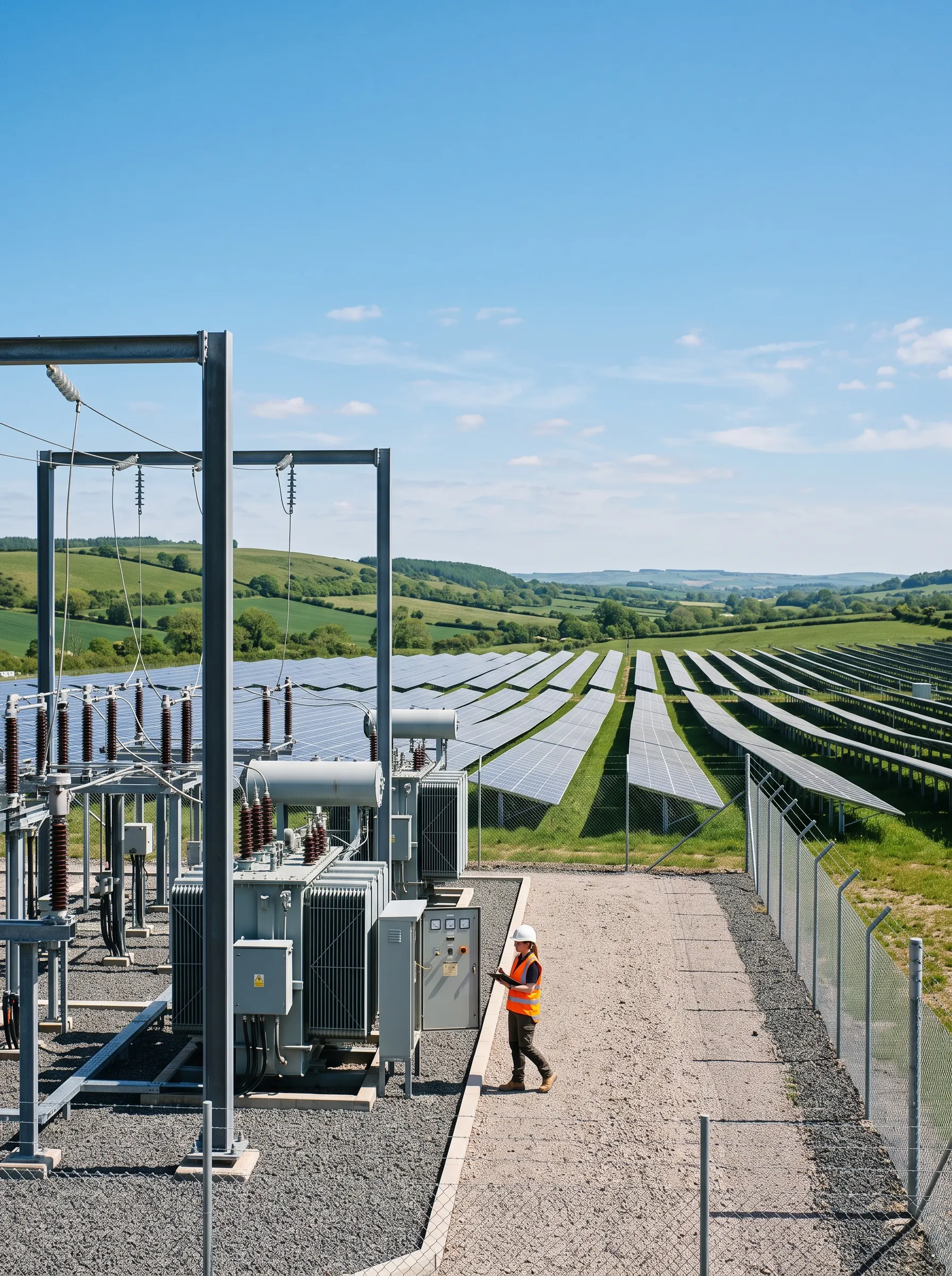 An electrical substation beside a solar farm under a blue sky