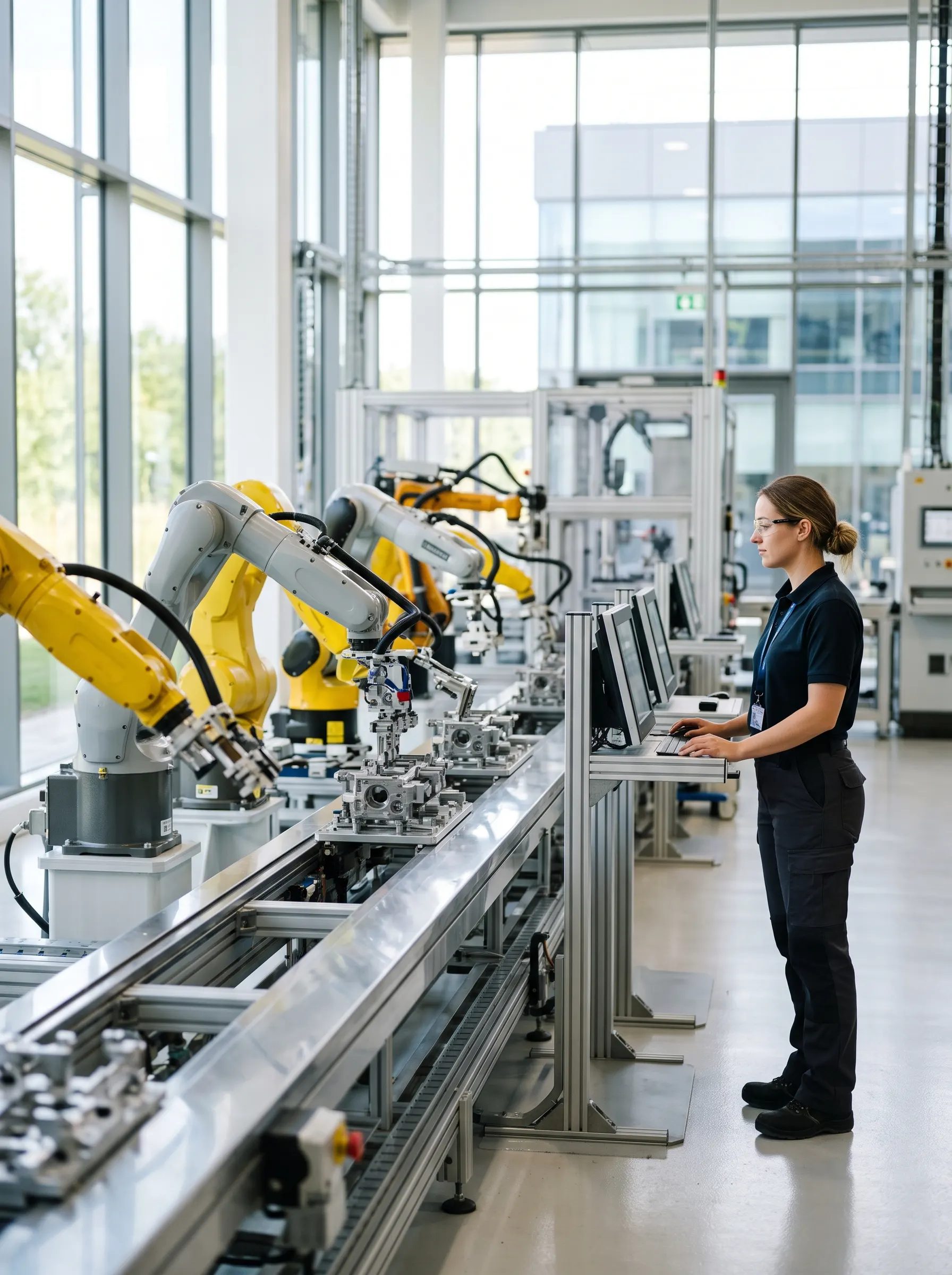 An operator at an automated assembly line with robot arms