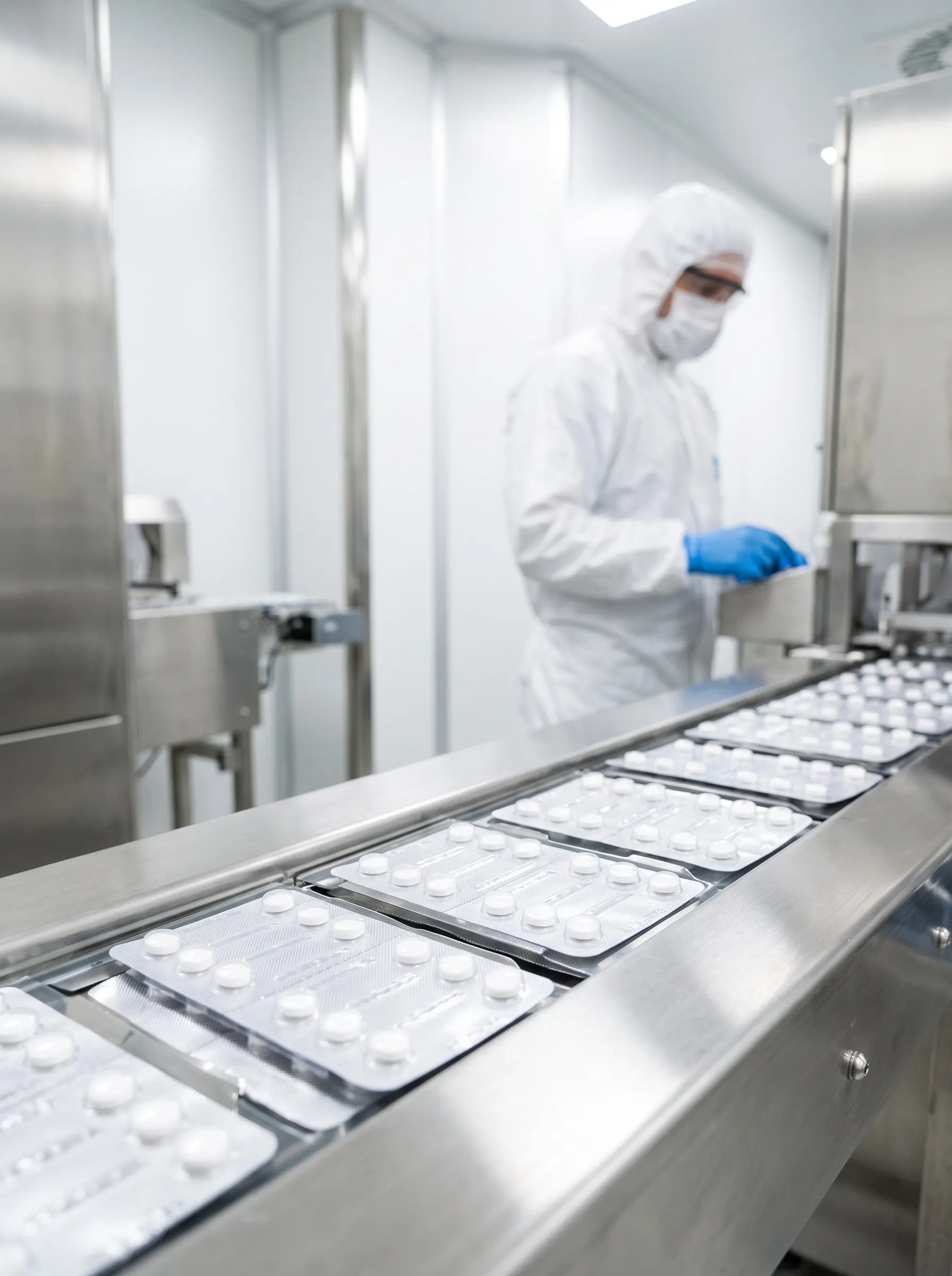 A pharmaceutical packaging line in a clean room