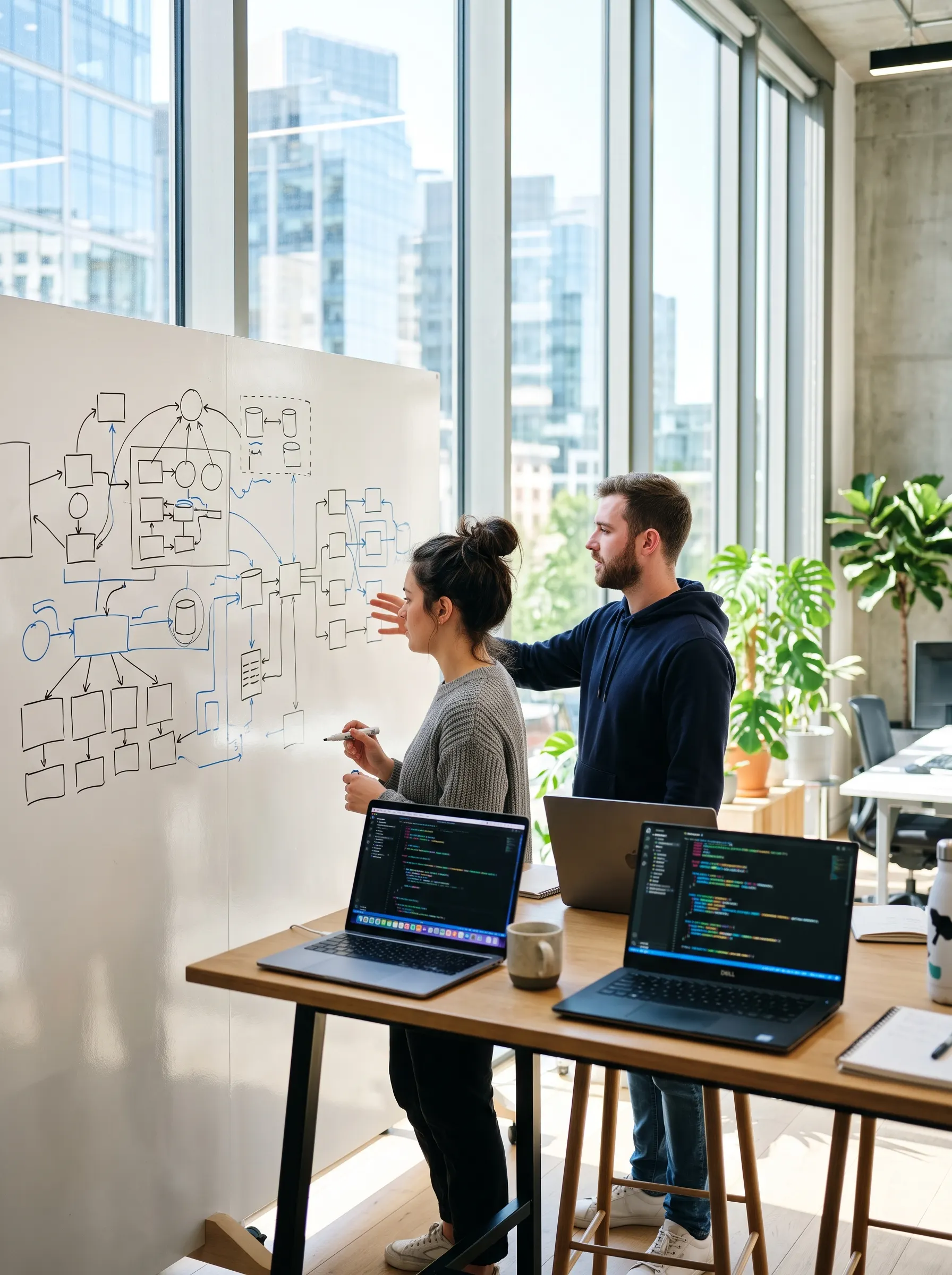 Two developers discussing a diagram on a whiteboard