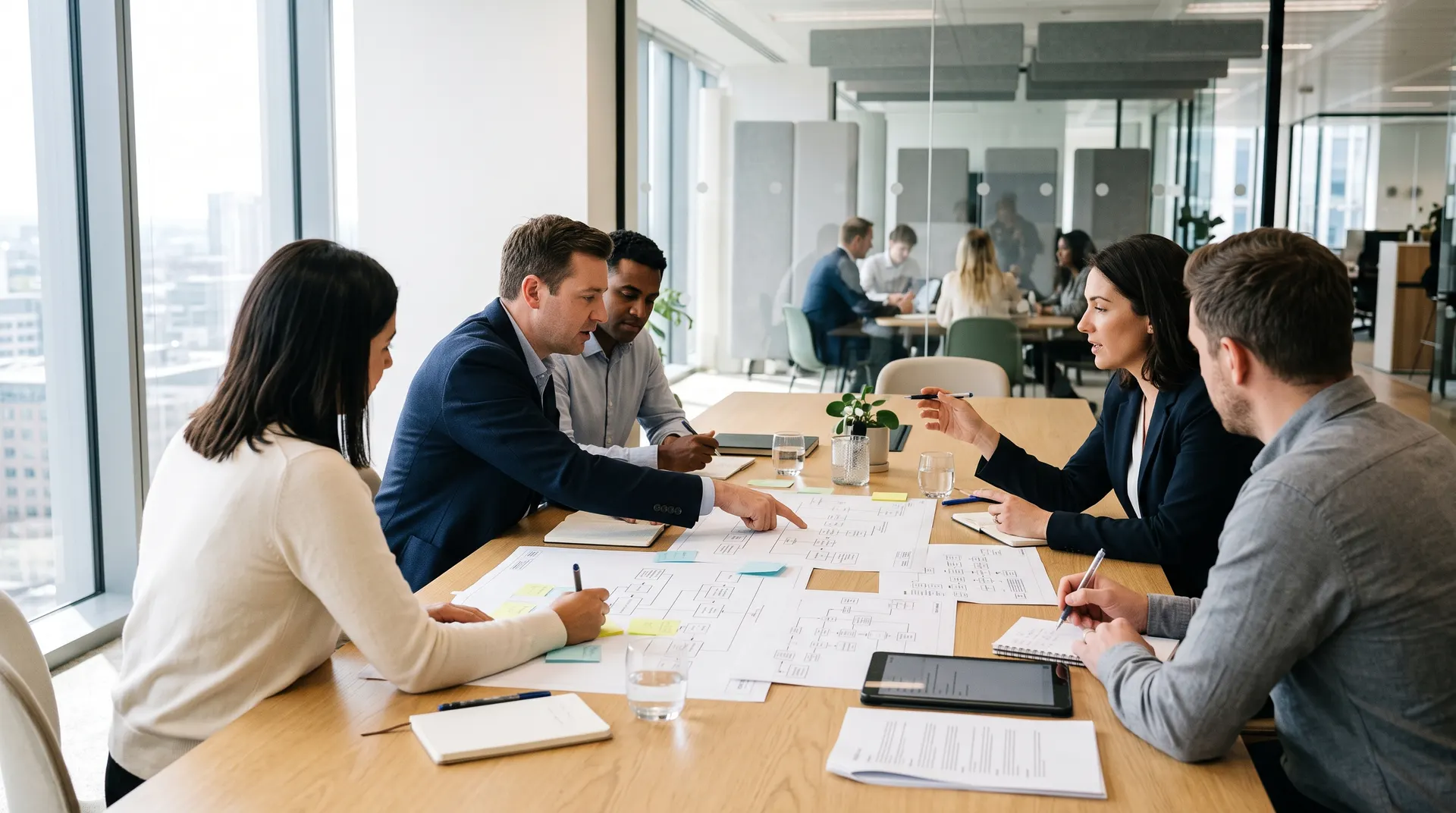 A cross-functional team working through documents at a table