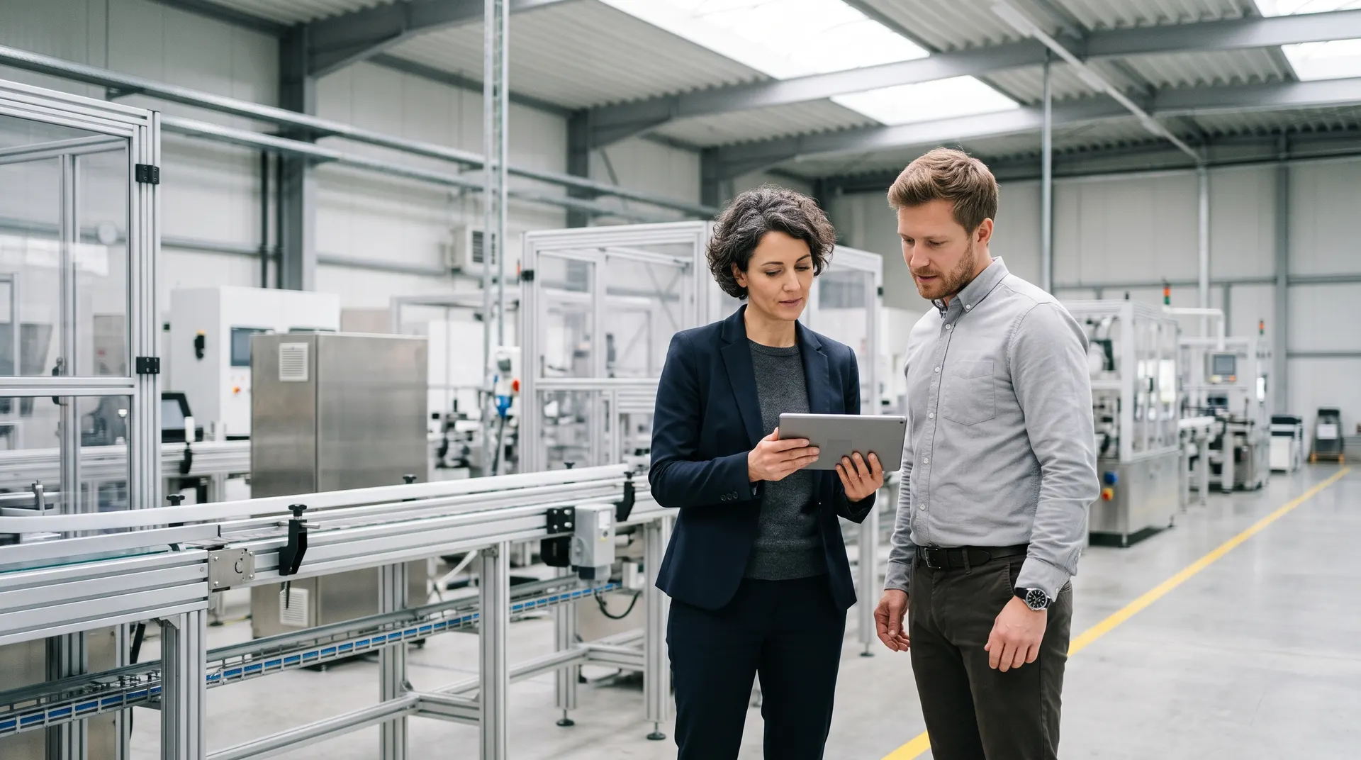 An engineer and a buyer reviewing a tablet beside a production line