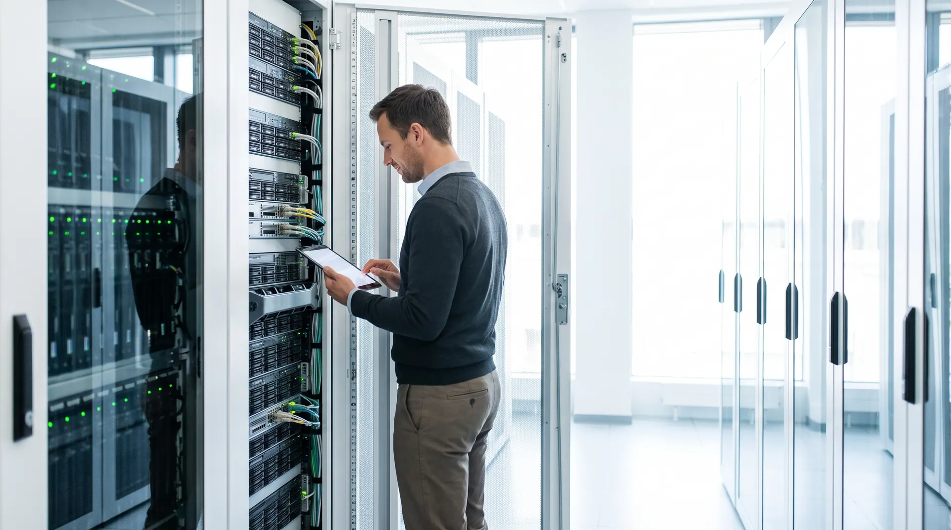 An IT specialist checking equipment beside server racks