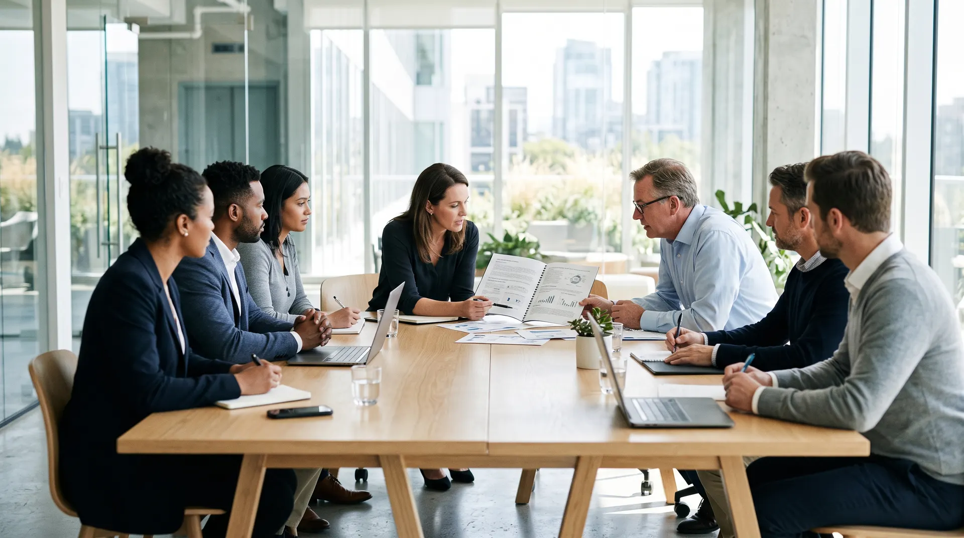 Two teams in discussion across a meeting table