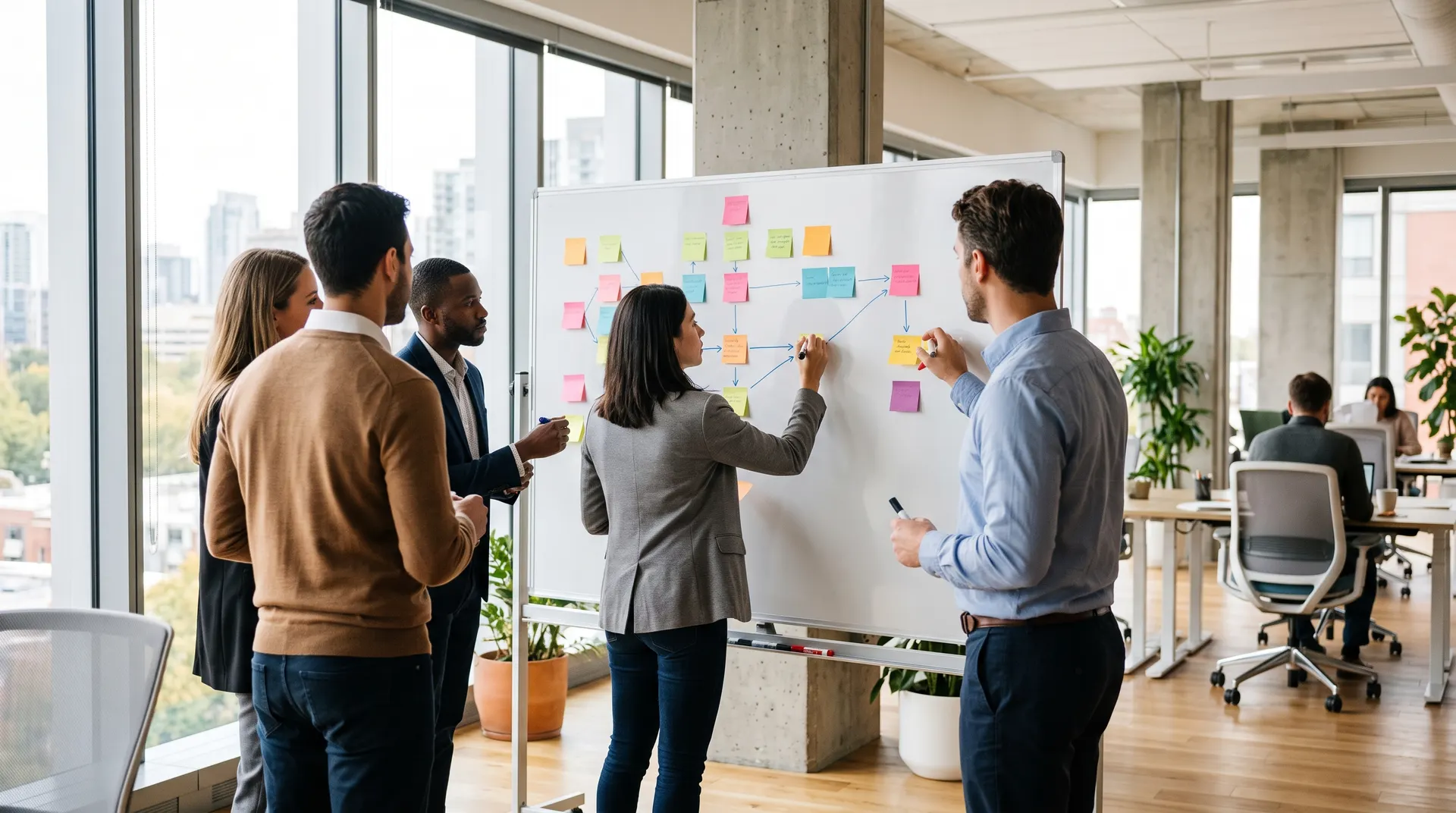 A team mapping a process on a whiteboard