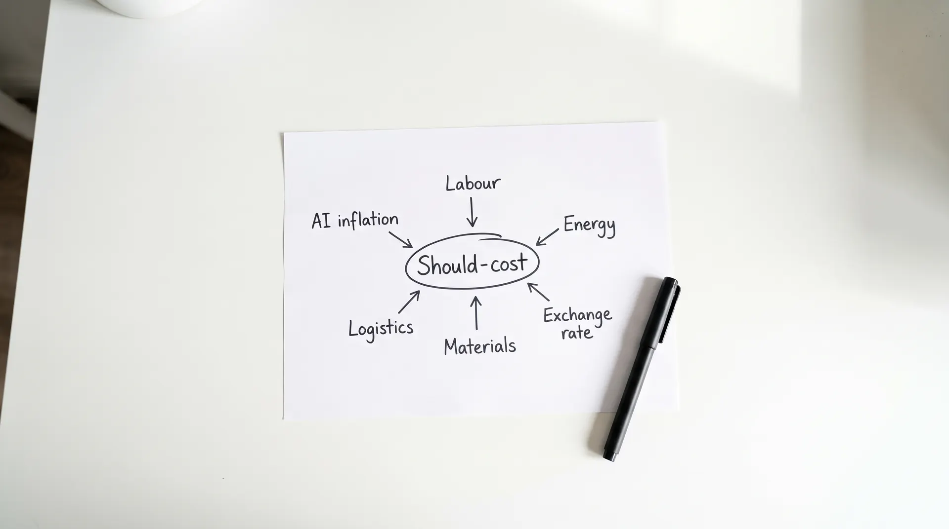Hand-drawn should-cost diagram with its cost drivers on a desk