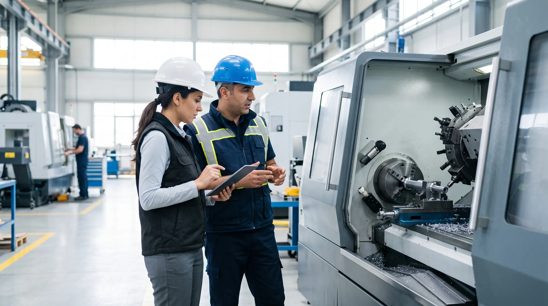 An engineer and a buyer reviewing a tablet beside a CNC lathe