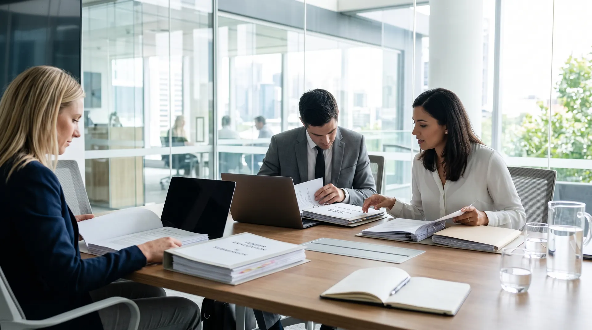Three people evaluating tender documents at a meeting table