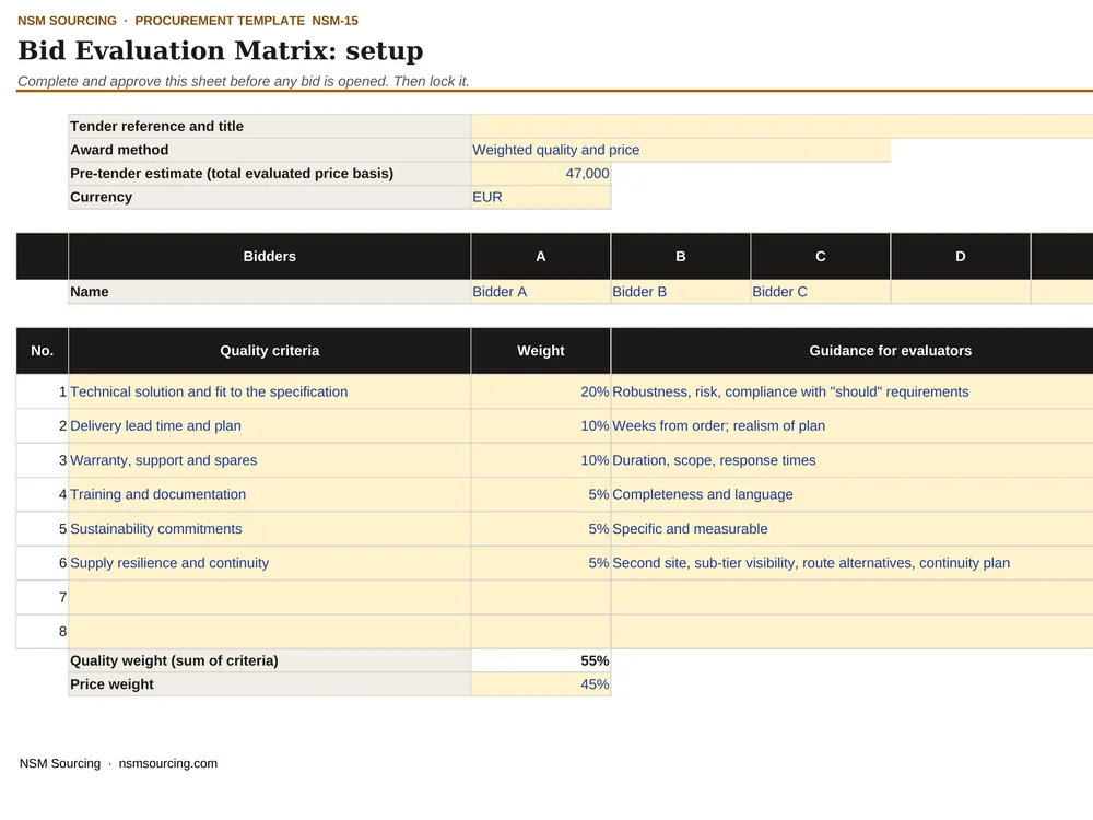 Preview of Bid Evaluation Matrix