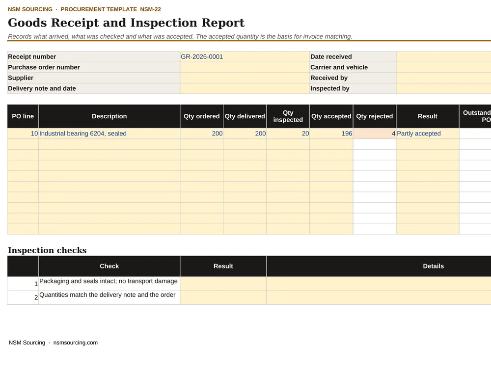 Preview of Goods Receipt and Inspection Report