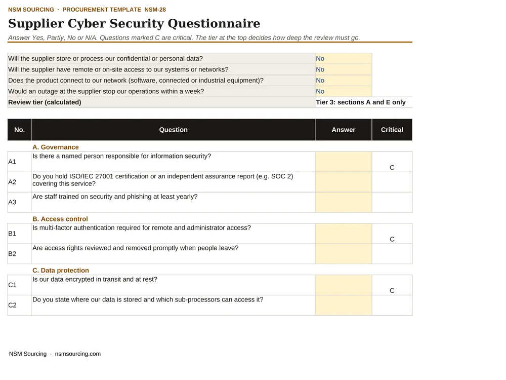 Preview of Supplier Cyber Security Questionnaire