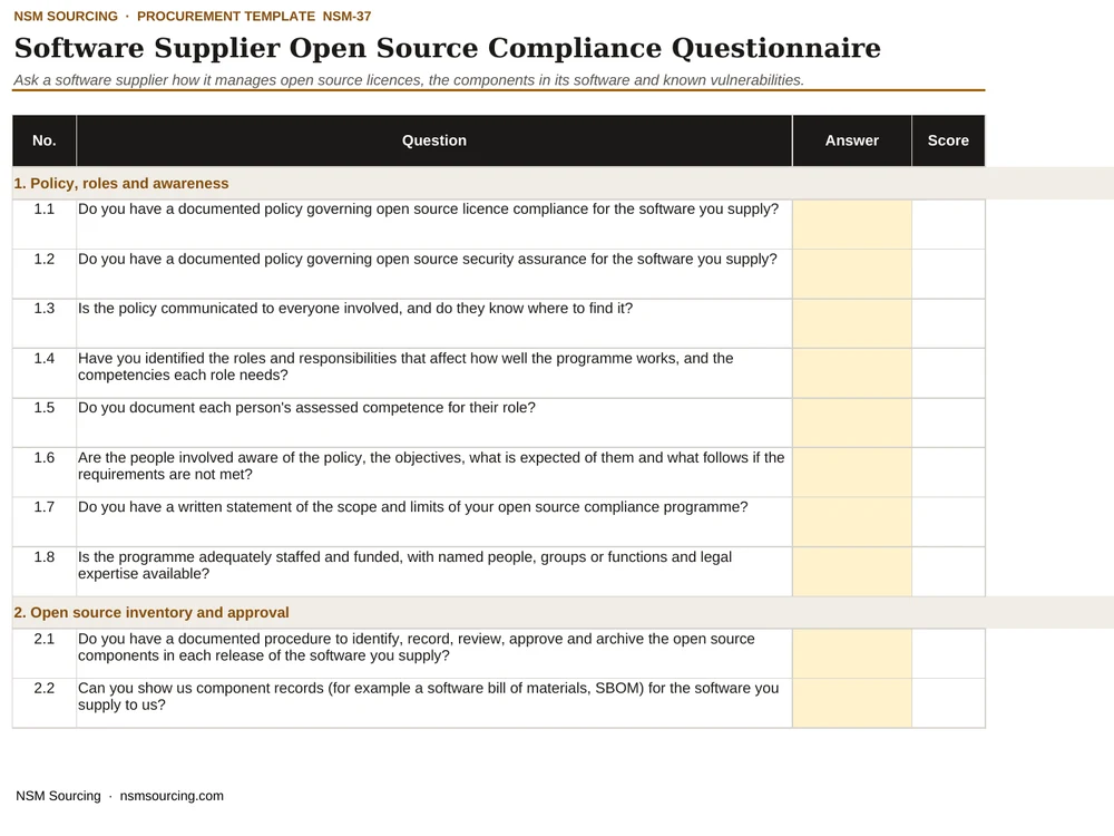 Preview of Software Supplier Open Source Compliance Questionnaire
