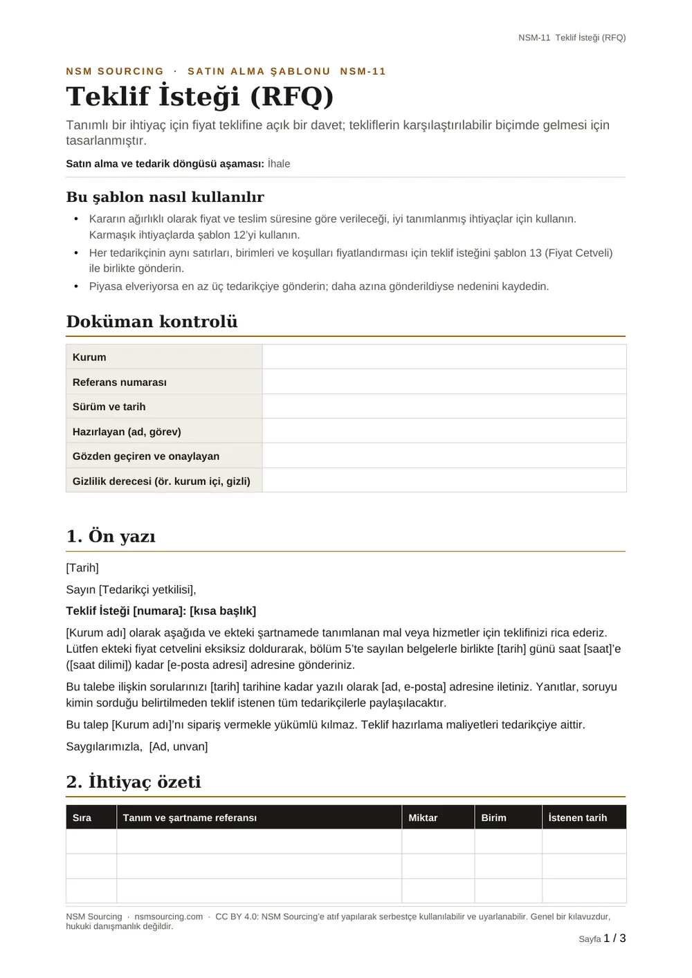 Teklif İsteği (RFQ) önizlemesi