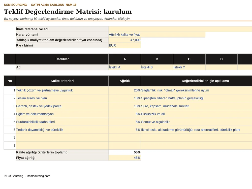 Teklif Değerlendirme Matrisi önizlemesi
