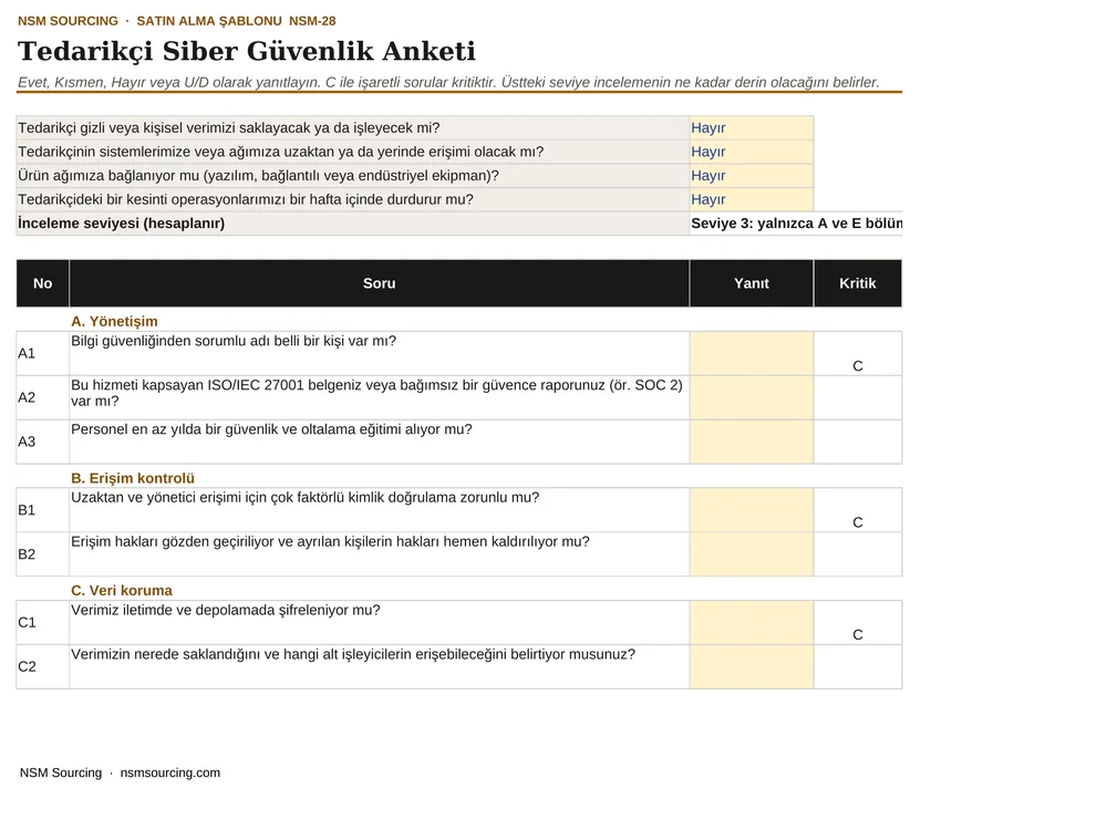 Tedarikçi Siber Güvenlik Anketi önizlemesi